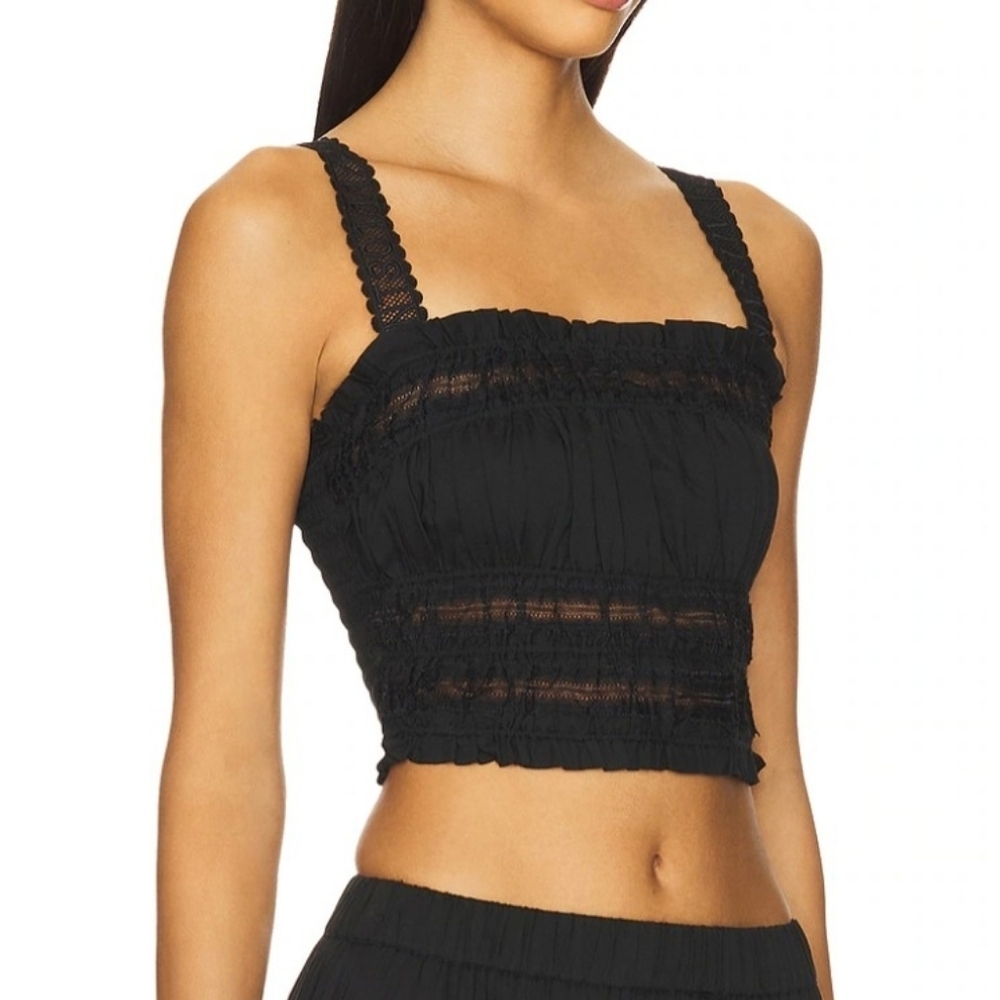 ALLSAINTS Talia Lace Cropped Top Square Neckline Ruffled Smocked Black 6 NWT - Picture 2 of 16